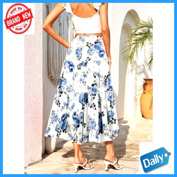 Midi Skirt Elastic High Waist A-Line Flowy Flared Ruffle Casual - Picture 3 of 7